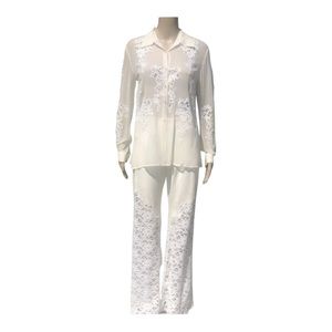 Vera Christina light ivory silk top and pants with lace and scattered beads